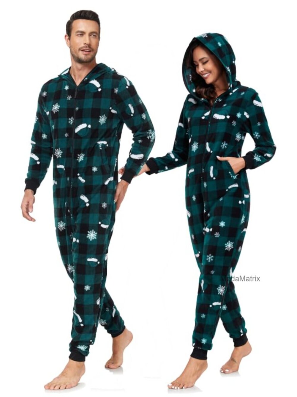 Christmas Onesie Pajamas Adult Couples Matching Hoodie Suit Zipper Fleece Pj